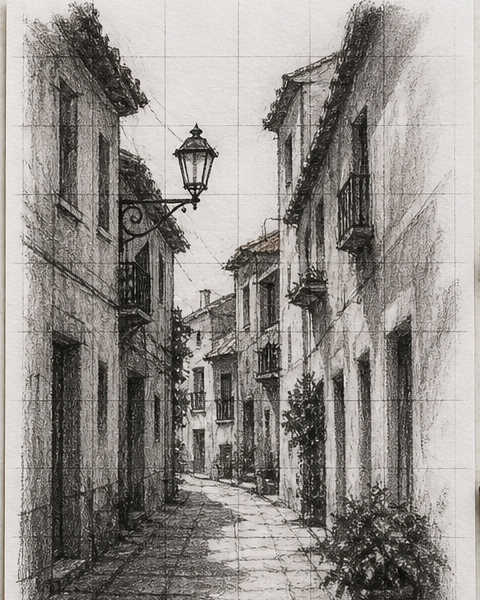 Charcoal street sketch made with a visible drawing grid