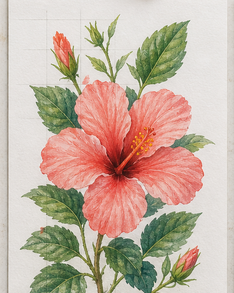 Botanical gouache study made with a visible drawing grid