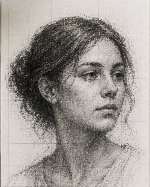 Graphite portrait study made with a visible drawing grid